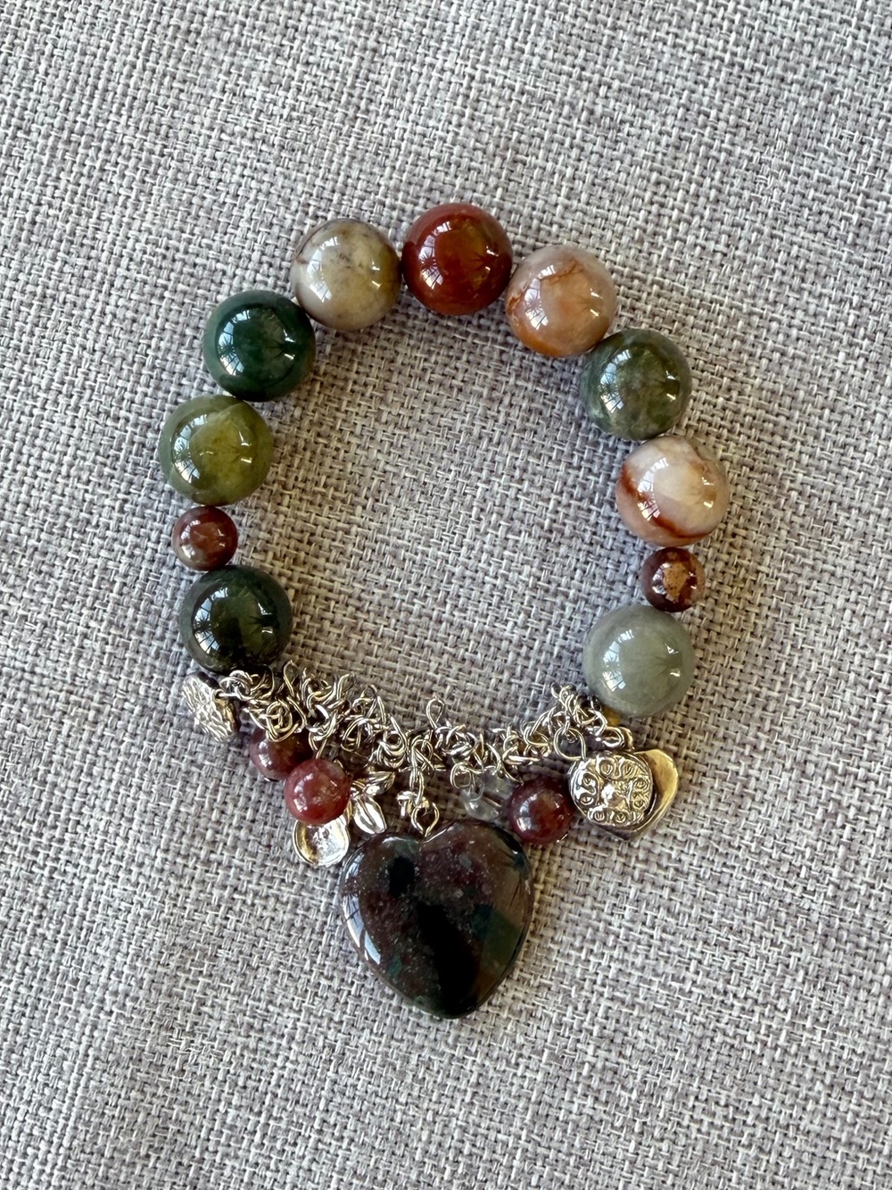 Vintage Style Multicolor Agate Beaded Stretch Bracelet Heart Pendant Charm Boho